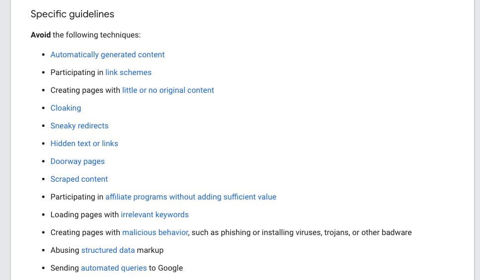 Google initial Webmaster Guidelines on A.I. content