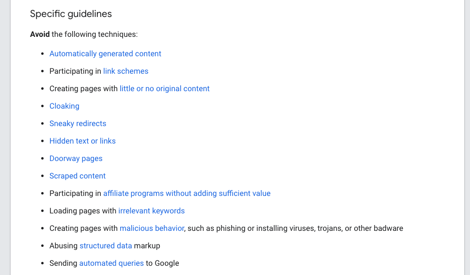 Google initial Webmaster Guidelines on A.I. content
