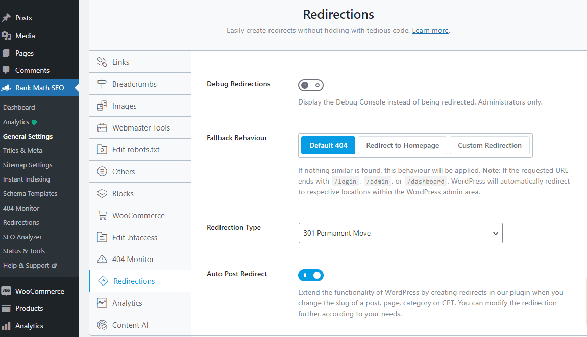 Rank Math Redirections Feature