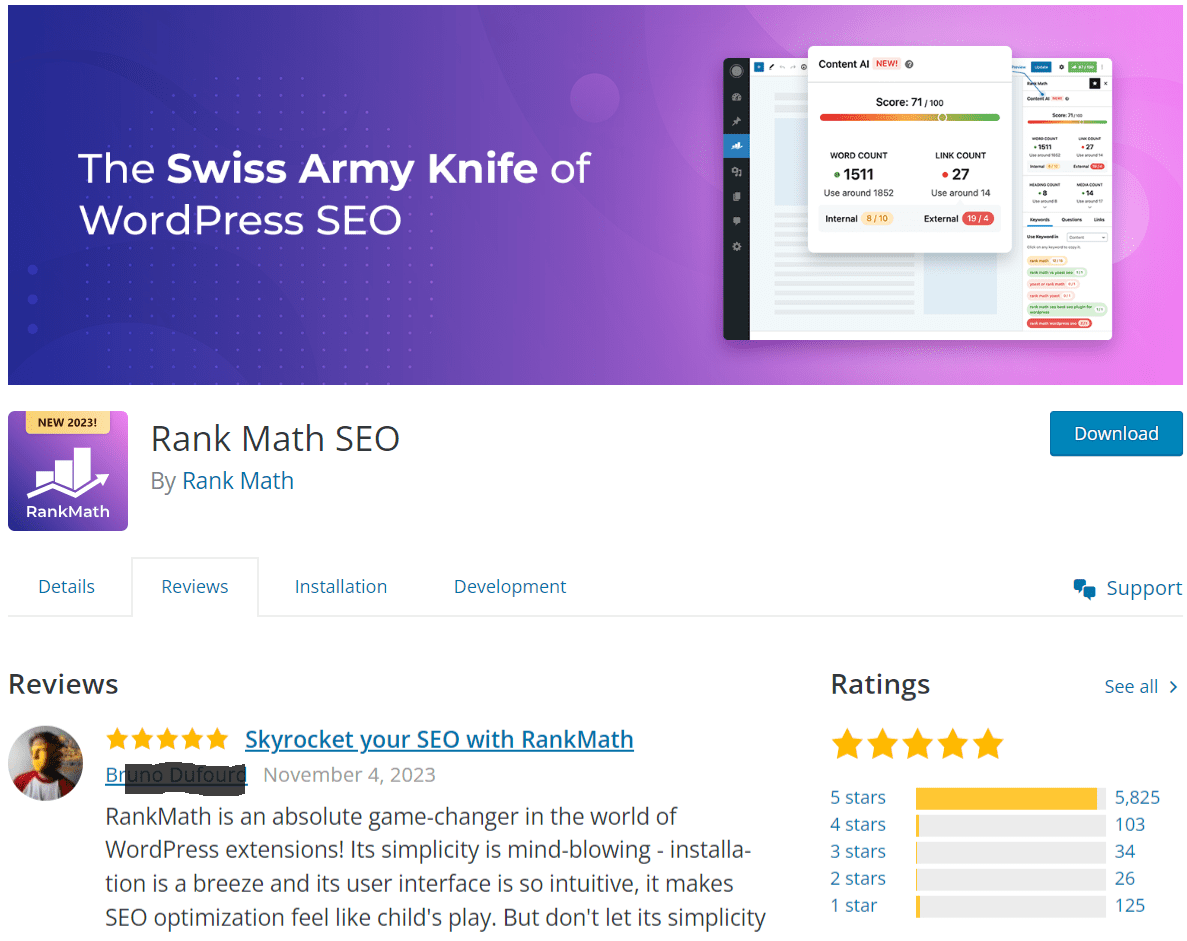 Rank Math is highly rated on WordPress.org