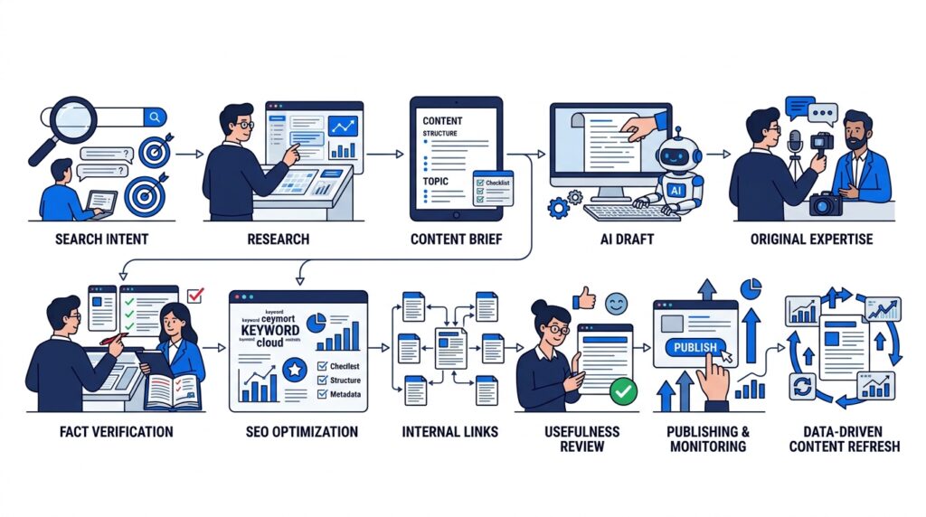 The 7 Best SEO AI Copywriting Tools in 2026 8 An editorial workflow illustration showing the responsible process of creating an SEO article with AI.