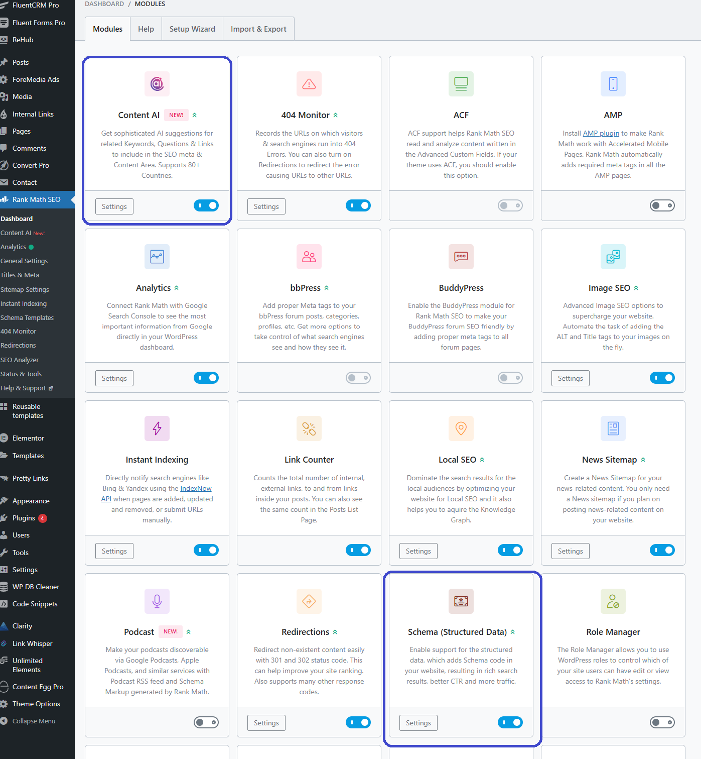Rank Math Dashboard showing Schema and Content AI toggles