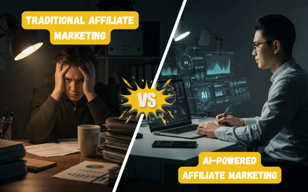 An image of two bloggers representing traditional affiliate marketing strategies vs AI-powered affiliate marketing strategies