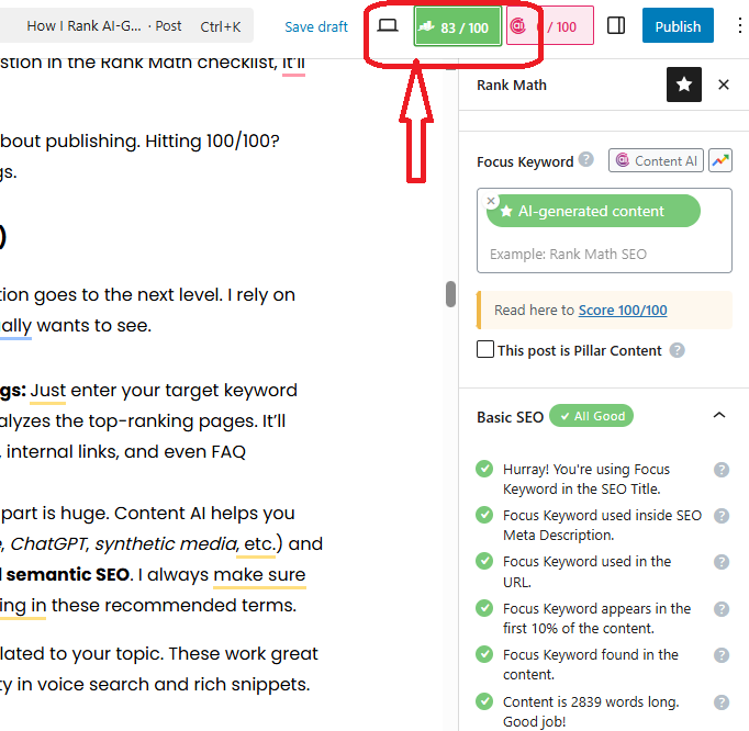 Tweak your content using Rank Math’s checklist and Content AI to lock in that green light.