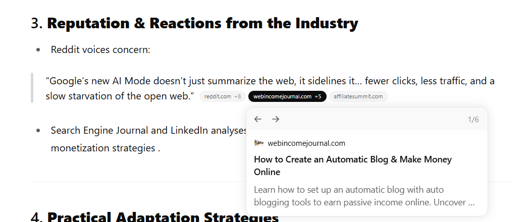 Screenshot of ChatGPT answer showing WebIncomeJournal.com in the references