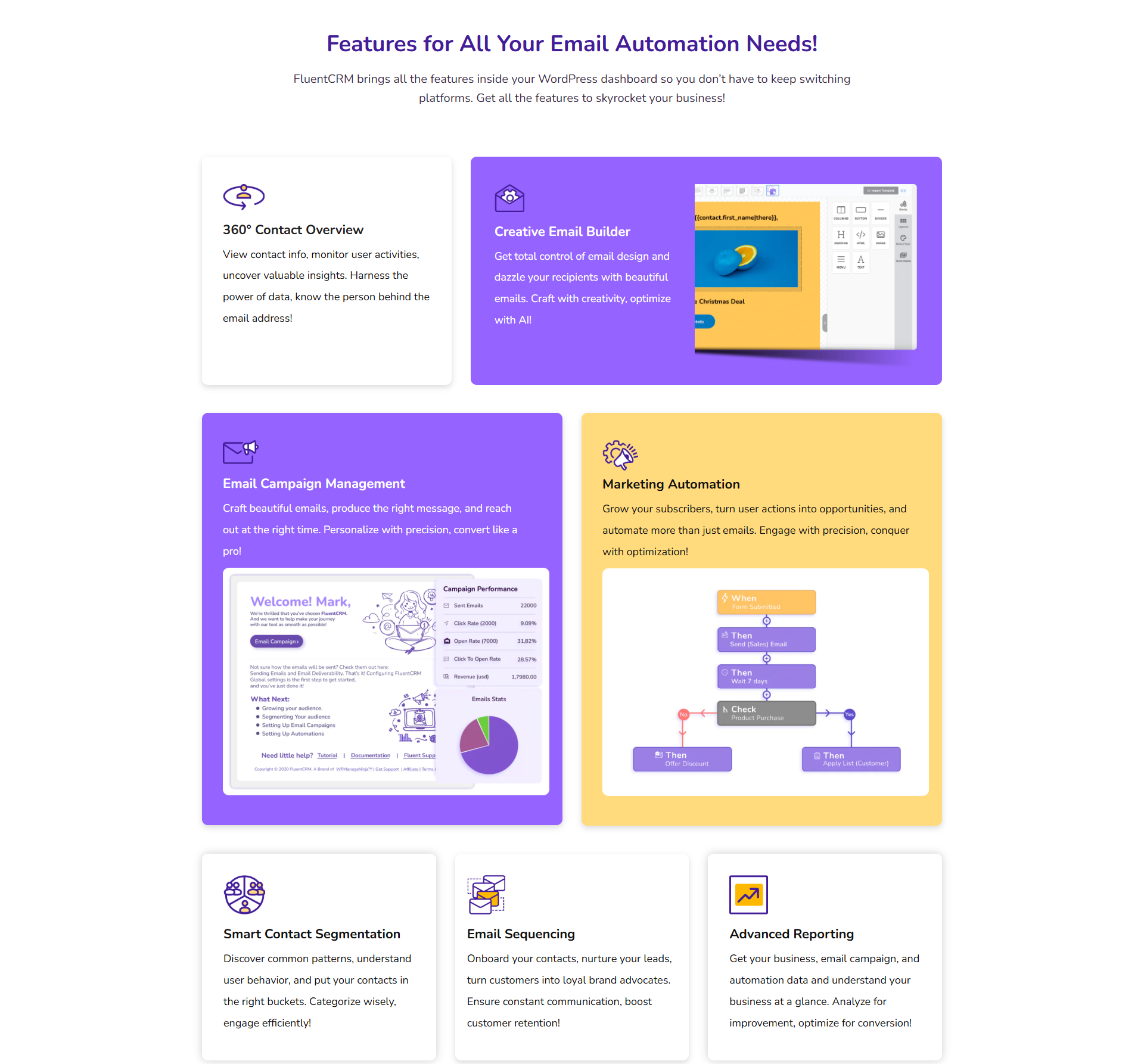 FluentCRM is a full-featured CRM and email marketing tool that offers a wide range of capabilities directly within WordPress