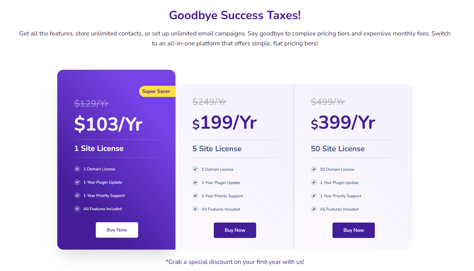 FluentCRM pricing plans comparison showing Lite, Pro, and Agency tier features