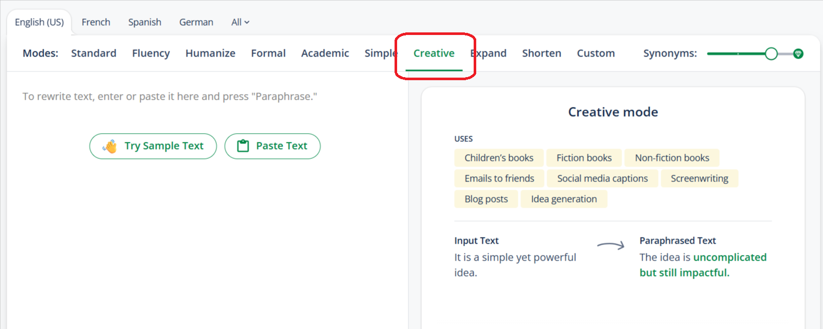 Paraphrase your content using QuillBot’s Creative mode