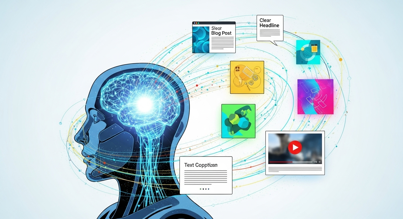 Illustration showing AI robot 'brain' generating various content types - blog posts, social media graphics, video thumbnails, captions.