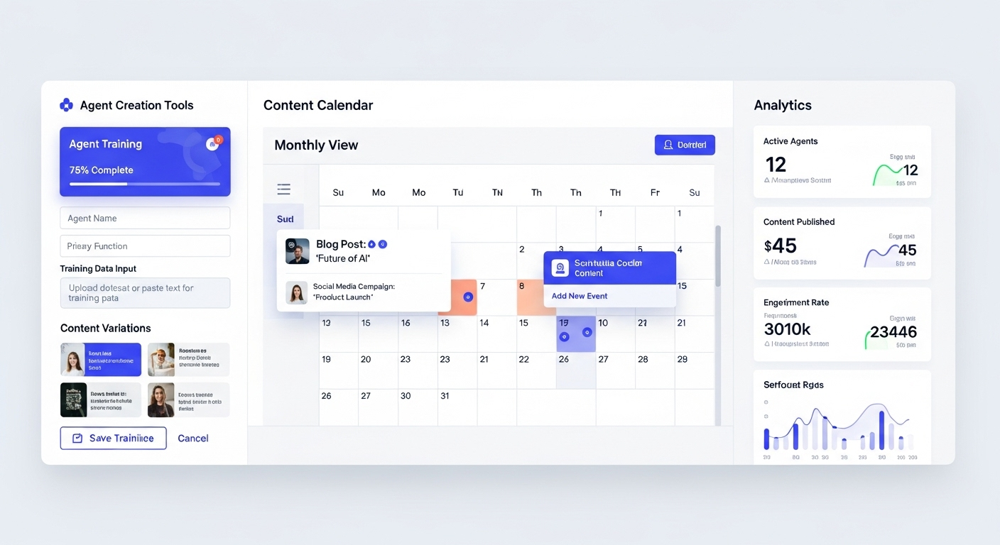Clean mockup of a modern dashboard interface showing AI agent creation tools, content calendar, and analytics.