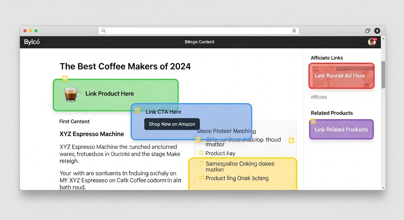 Browser window mockup showing blog post layout with highlighted areas indicating where to place affiliate links.