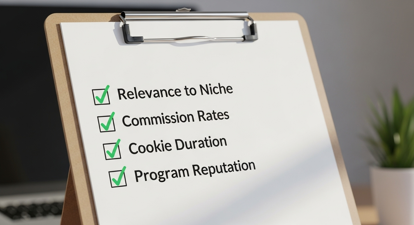 Digital clipboard showing checklist with items: 'Relevance to Niche,' 'Commission Rates,' 'Cookie Duration,' 'Program Reputation.