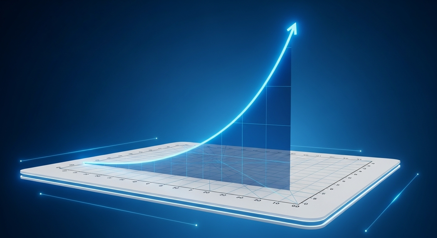 Clean line graph showing upward traffic trend over 12 months, with small icons representing blog posts, keywords, and dollar signs. Minimalist design, blue gradient line, white background, professional chart styling.