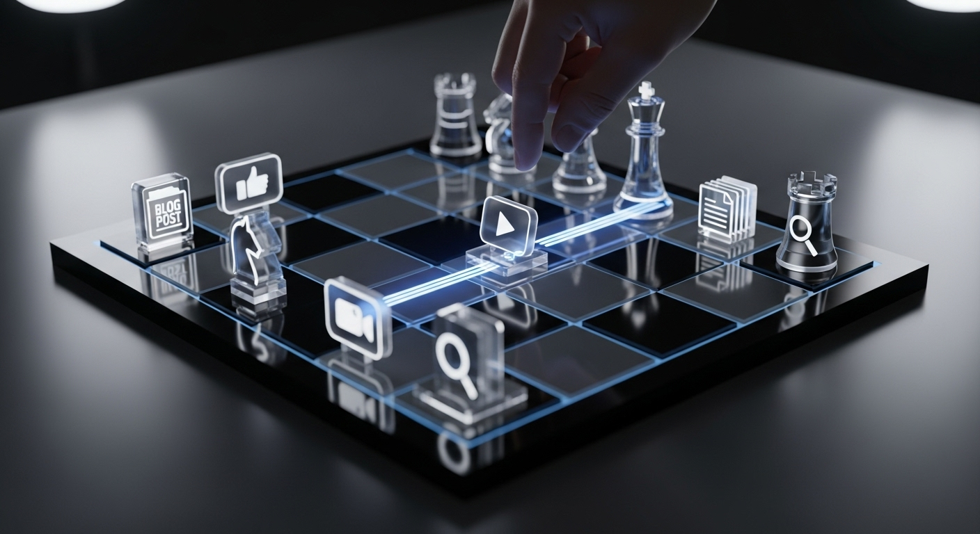 A high-angle shot of a minimalist, futuristic chess board representing content types (blog, video, social). 