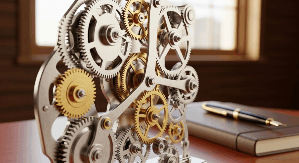 A close-up, dynamic 3D render of a clean, brightly polished clockwork/gear mechanism running perfectly smoothly in a well-organized office environment, symbolizing automated, passive income.
