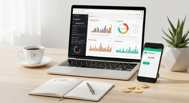 Modern minimalist desk setup with laptop displaying analytics dashboard