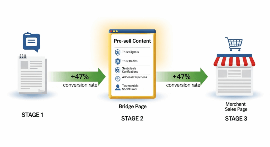 Visual flowchart showing the bridge page conversion path