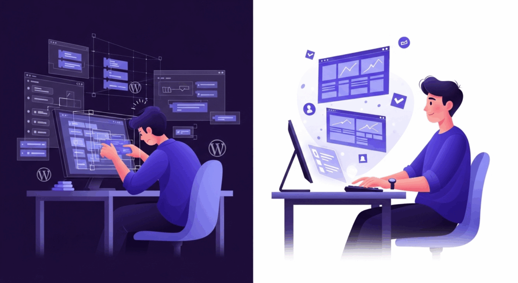 A sleek illustration showing a frustrated designer and the same designer relaxed and confident.