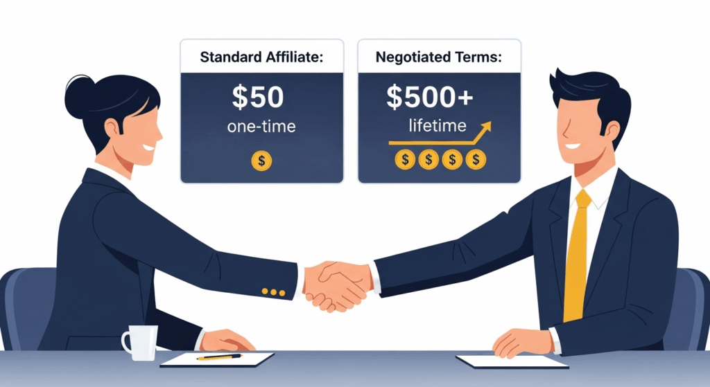 Professional handshake with commission structure comparison