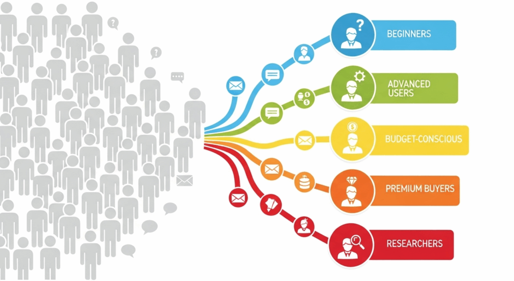 Visual showing large group of generic people icons on left transforming into 4-5 distinct segmented groups on right, each with unique characteristics and labels