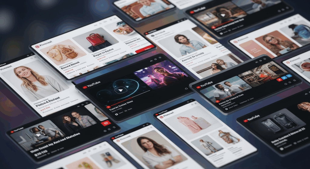 A creative collage showing Pinterest pins, YouTube thumbnails, and native ad snippets on screens.