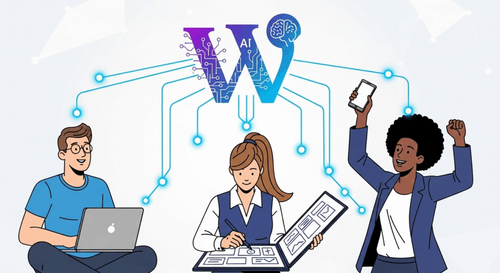 Illustrated scene showing three diverse people: 1) developer with laptop looking satisfied, 2) designer sketching on tablet with creative layouts, 3) entrepreneur with smartphone celebrating a launch