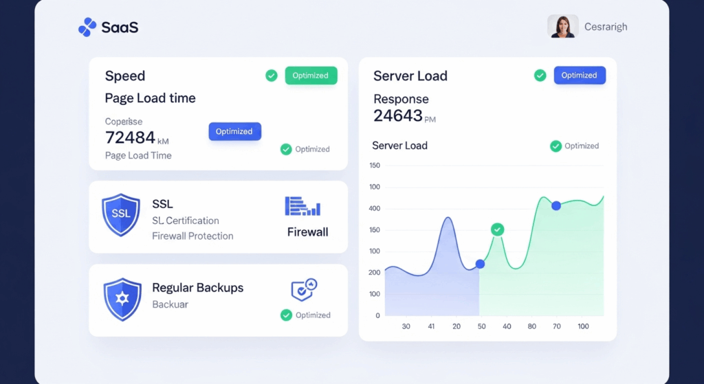 Modern website performance dashboard showing speed metrics, security badges (SSL, firewall, backups), server load graphs trending upward smoothly.
