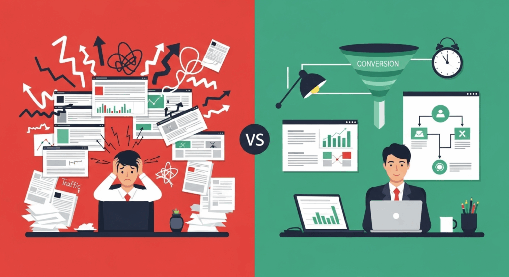 Split-screen comparison showing chaos vs. strategy