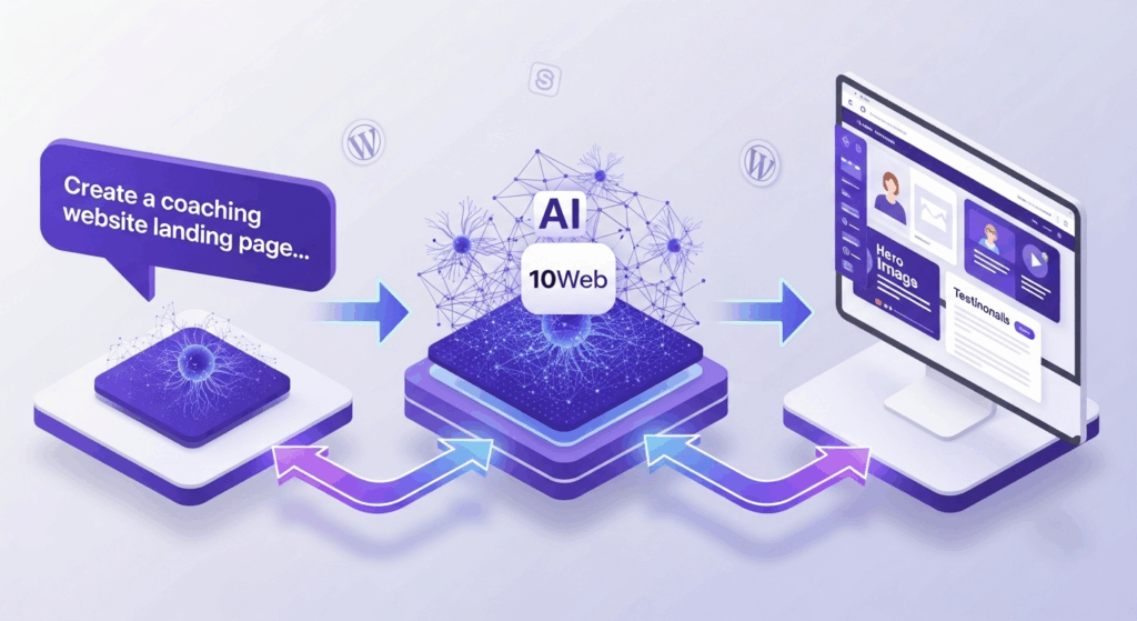 An isometric 3D illustration showing the Vibe for WordPress workflow in three connected stages. 
