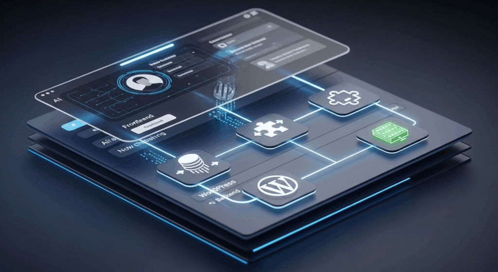 A layered digital illustration showing Vibe AI frontend design seamlessly connecting to the WordPress backend