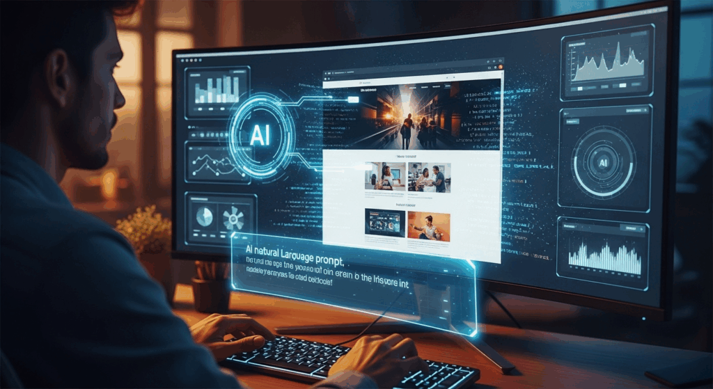 A designer types a natural language prompt into an AI interface, and a full responsive website visually assembles itself in real time.