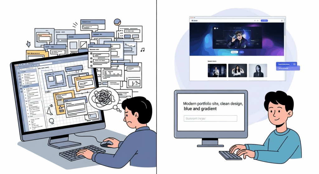 Split-screen comparison image showing left side: person frustrated with traditional drag-and-drop website builder interface with rigid grids and template blocks, right side: person smiling while typing a simple text prompt that transforms into a beautiful modern website.