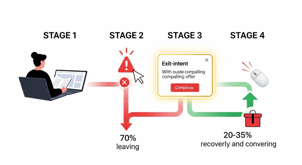Flow diagram showing visitor about to leave being recovered through exit strategy.