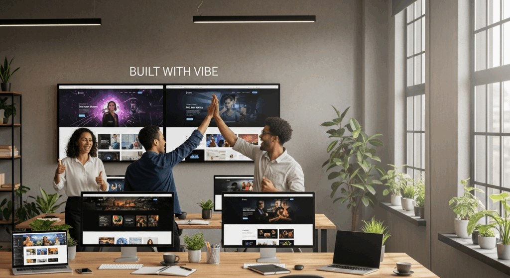 Modern digital agency office, diverse team of 3-4 professionals celebrating around laptop screens showing WordPress websites, high-fives and excitement.