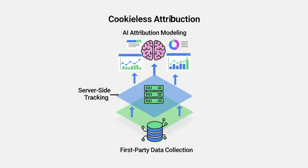 Layered tech stack illustration showing the cookieless attribution solution.