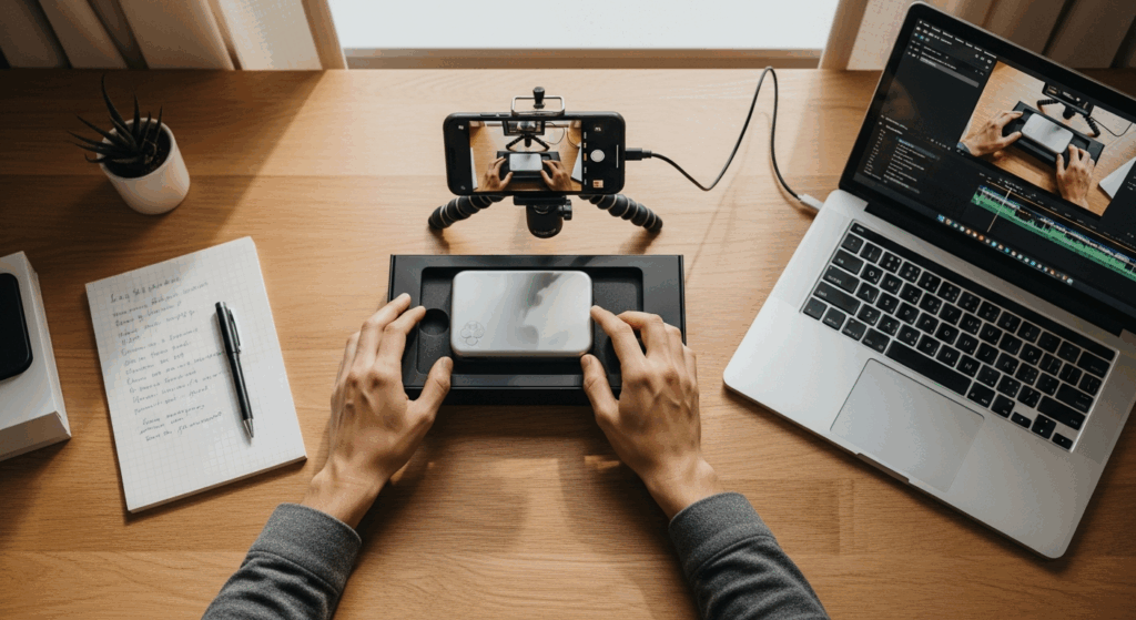 A realistic scene showing authentic product review creation: smartphone on tripod filming a person's hands testing a product on a desk, with notes, the actual product, laptop showing video editing software.