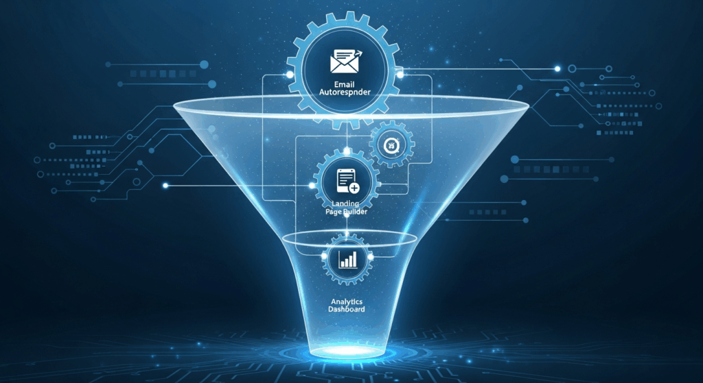 A visual representation of digital tools (email autoresponder, landing page builder, analytics dashboard) interconnected like gears inside a glowing funnel.