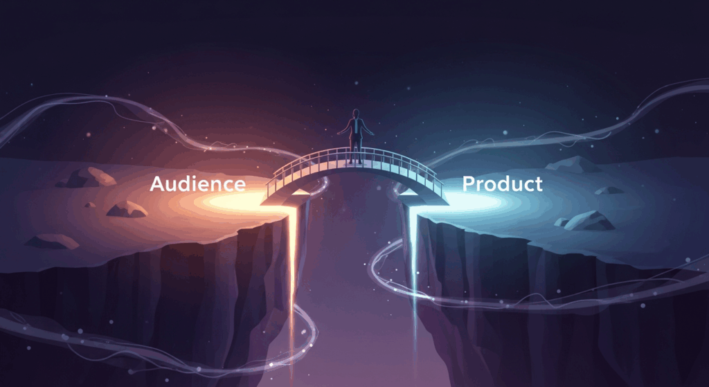 A person standing on a small bridge between two glowing islands labeled “Audience” and “Product,” symbolizing the bridge page connecting trust to conversion.