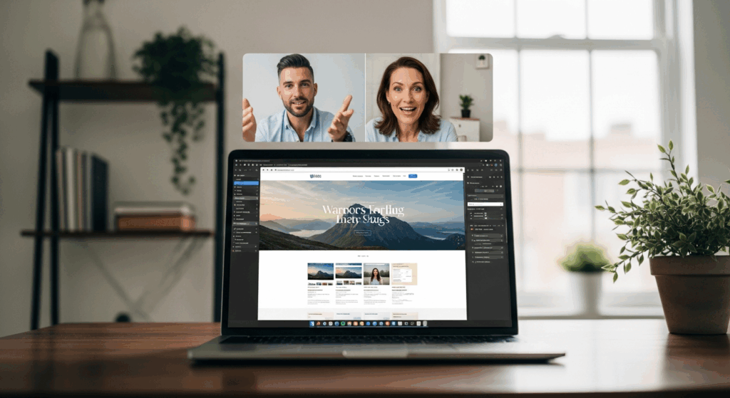 Video call screenshot showing agency professional presenting live website demo to excited client on screen, laptop displaying beautiful WordPress site being edited in real-time.