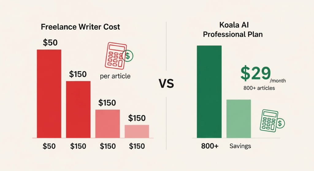 Comparison infographic showing freelance writers cost versus Koala AI Professional plan.