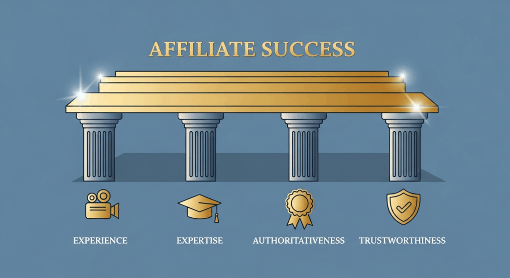 Four sturdy pillars supporting a platform labeled 'Affiliate Success.' Each pillar labeled: Experience, Expertise, Authoritativeness, Trustworthiness.