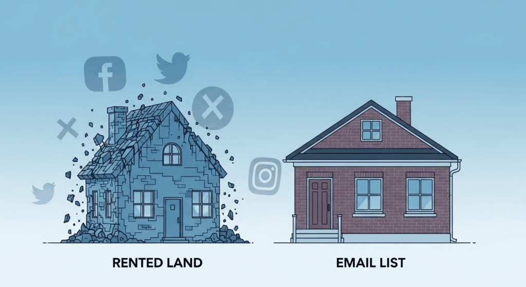 A metaphorical visual showing a crumbling digital house labeled “Rented Land” beside a sturdy brick home labeled “Email List.”