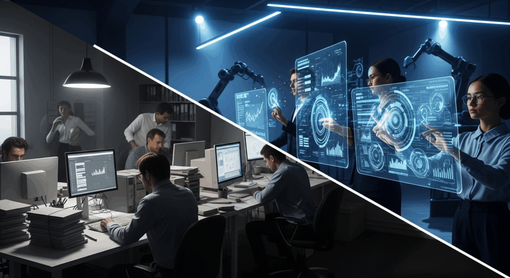 Conceptual split image showing two agencies, one falling behind with outdated tools, other moving forward with AI technology.