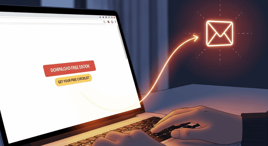 A person downloading a free eBook or checklist on a laptop screen
