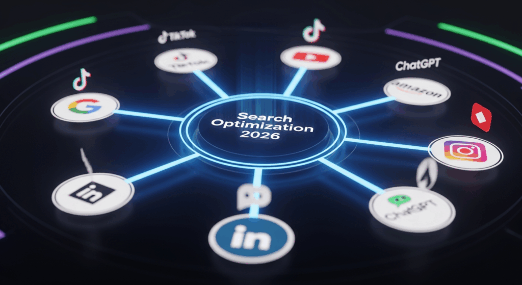 Circular hub-and-spoke diagram with 'Search Optimization 2026' in the center.