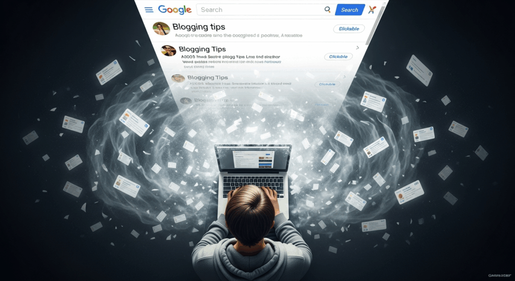 A blogger typing on a laptop surrounded by a cloud of disappearing search results, symbolizing invisibility. In contrast, optimized content rises to the top of Google results.