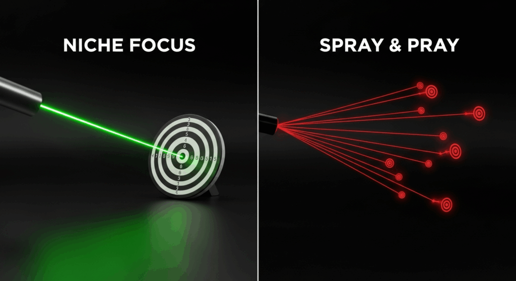 A visual comparison showing two scenarios side by side. Left: a concentrated laser beam hitting a bullseye target dead center with 'NICHE FOCUS' label. Right: scattered, weak light beams missing multiple targets with 'SPRAY & PRAY' label. 