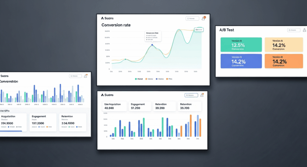 A clean dashboard interface with charts, conversion rates, and A/B test comparisons displayed on screens.