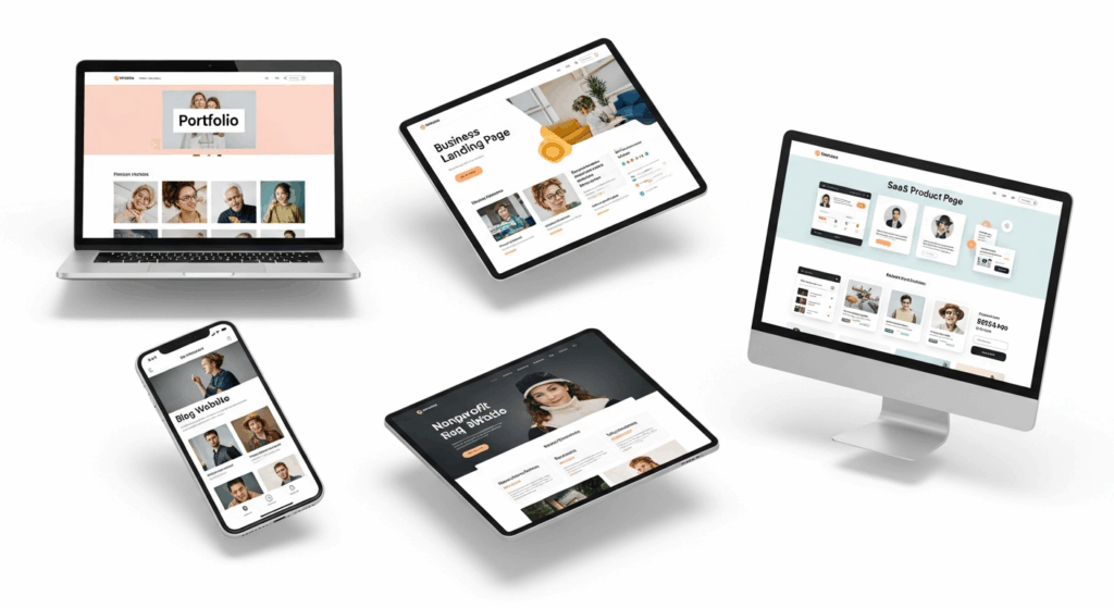 Five types of websites you can build with Vibe for WordPress prompts: portfolio, business, blog, SaaS, and nonprofit.