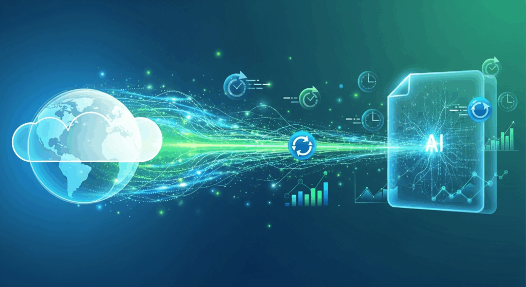 An illustration showing data streams flowing from the internet (represented by a globe or cloud) into a document with AI elements. 